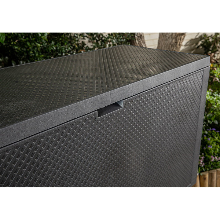 Coffre de jardin Keter Emily, capacité 277 L, couleur anthracite, charge maximale 20 kg, résistant aux intempéries, équipé de poignées et de roulettes, 249722