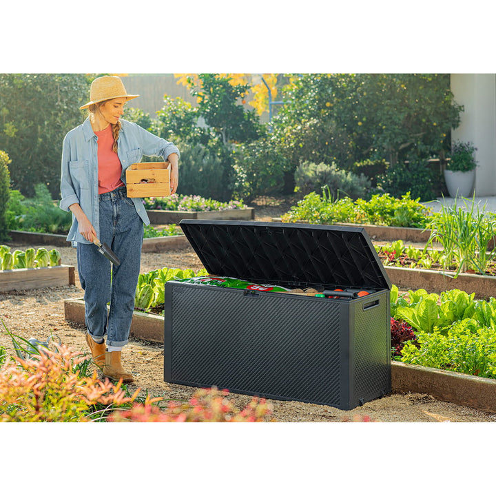 Coffre de jardin Keter Emily, capacité 277 L, couleur anthracite, charge maximale 20 kg, résistant aux intempéries, équipé de poignées et de roulettes, 249722