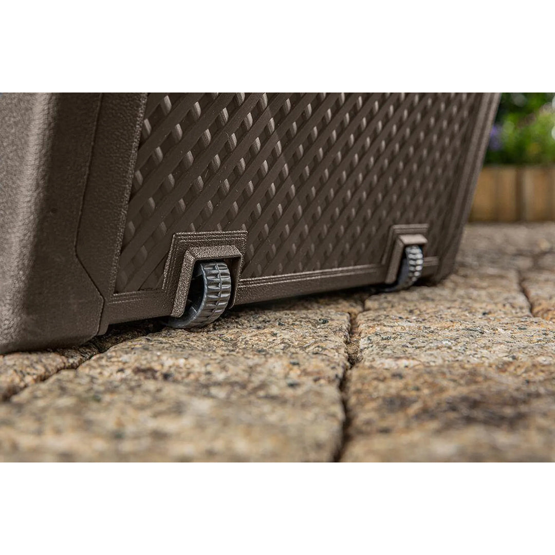 Coffre de jardin Keter Emily, capacité 277 L, couleur marron, charge maximale 20 kg, résistant aux intempéries, équipé de poignées et de roulettes, 249719
