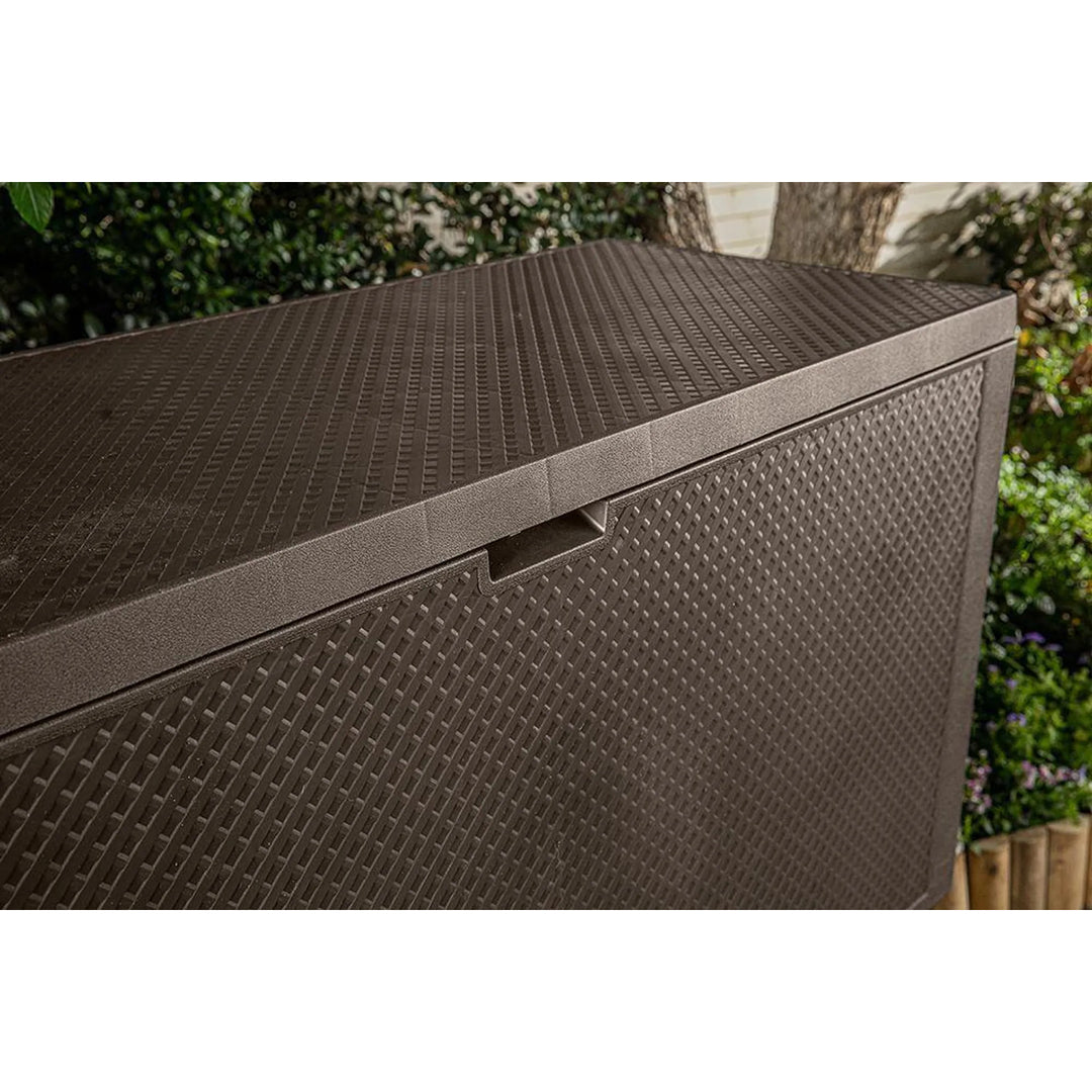 Coffre de jardin Keter Emily, capacité 277 L, couleur marron, charge maximale 20 kg, résistant aux intempéries, équipé de poignées et de roulettes, 249719