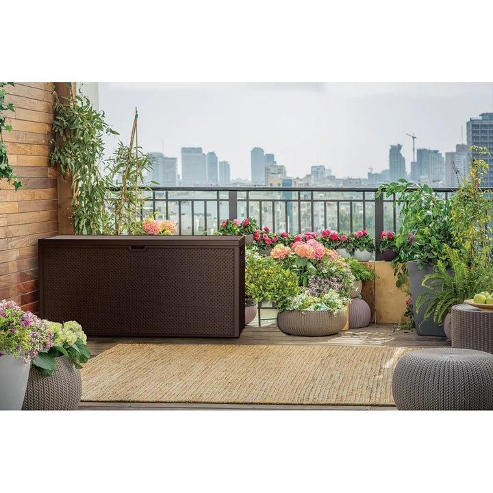 Coffre de jardin Keter Emily, capacité 277 L, couleur marron, charge maximale 20 kg, résistant aux intempéries, équipé de poignées et de roulettes, 249719