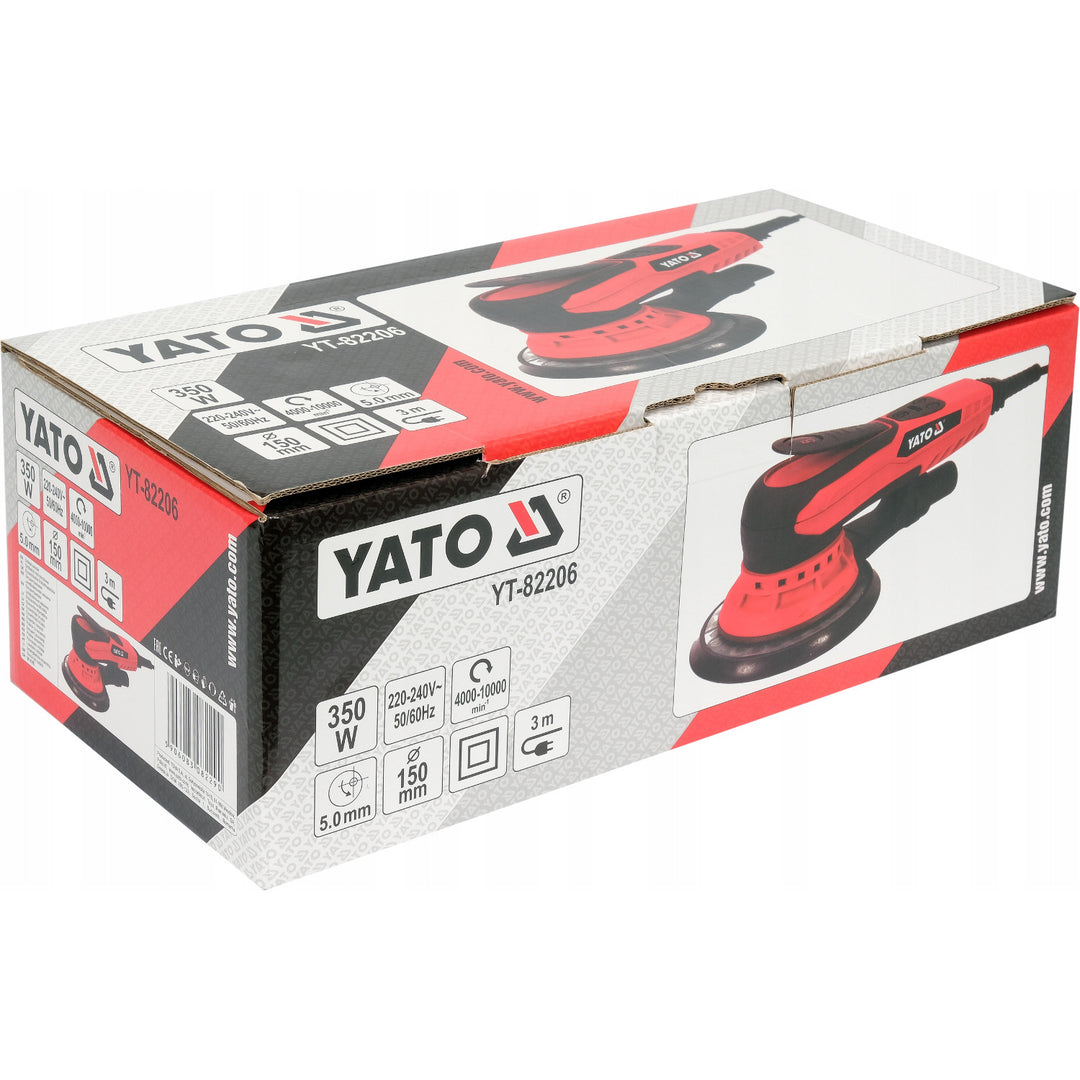 Ponceuse excentrique Yato, 150 mm, puissance 350 W, vitesse 4 000-10 000 tr/min, longueur de câble 3 m, possibilité de raccorder un aspirateur, YT-82206