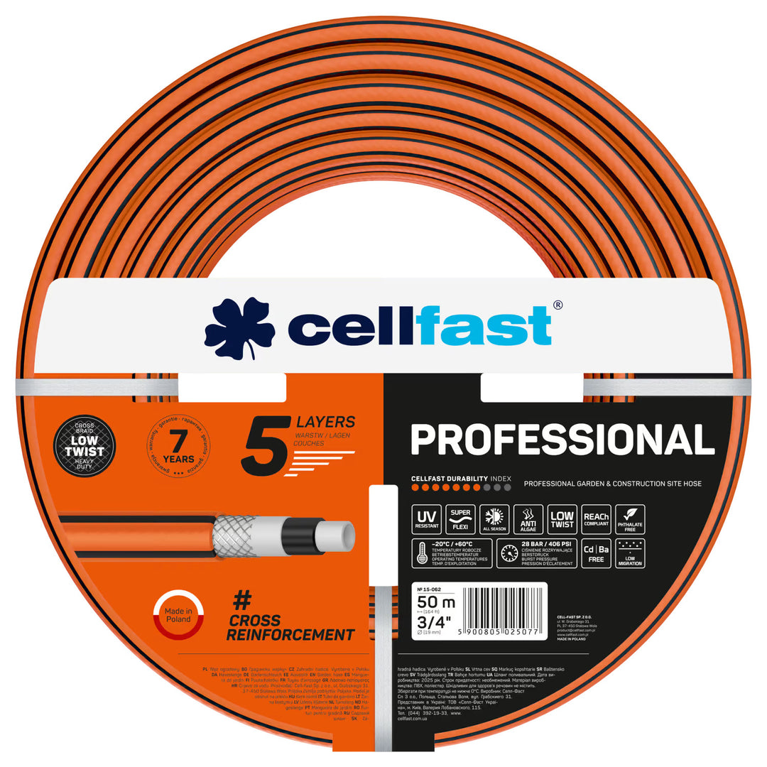 Tuyau d'arrosage Cellfast Professional, diamètre 3/4 de pouce, longueur 50 m, 5 couches