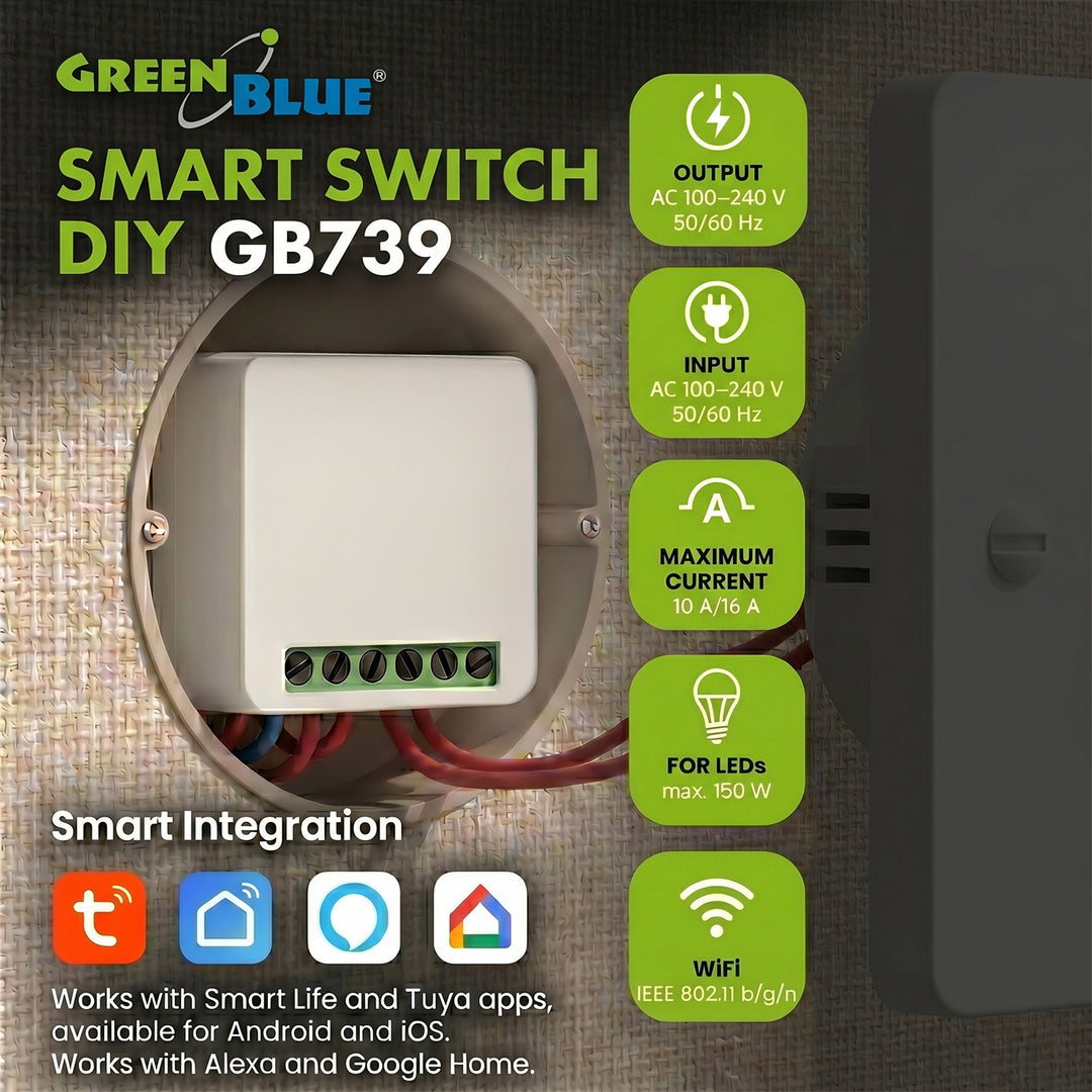 Relais Wi-Fi encastrable GreenBlue, Android/iOS/Alexa/Google Home, 100-240 V CA, 50/60 Hz, 16 A max., pour LED 150 W, GB739, lot de 4