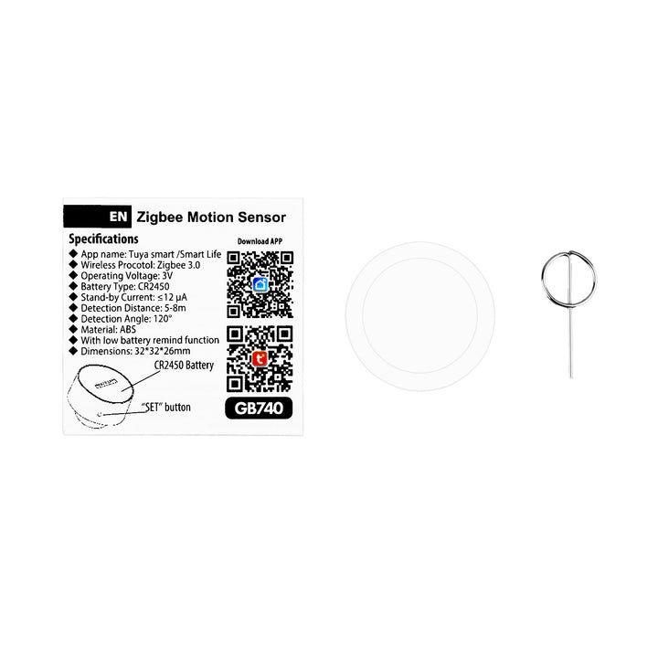Détecteur de mouvement sans fil Zigbee Tuya GreenBlue, Android/iOS, CR2450 3,0 V CC, angle de détection de 120° / jusqu'à 8 m, GB740, lot de 2