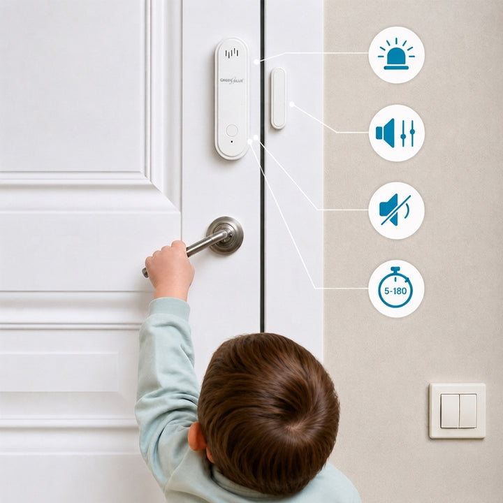 Contacteur sans fil / capteur d'ouverture Wi-Fi GreenBlue, Android/iOS, pour portes / fenêtres, 3,0 V CC, LR03x2, avec alarme, GB478, 2 lots