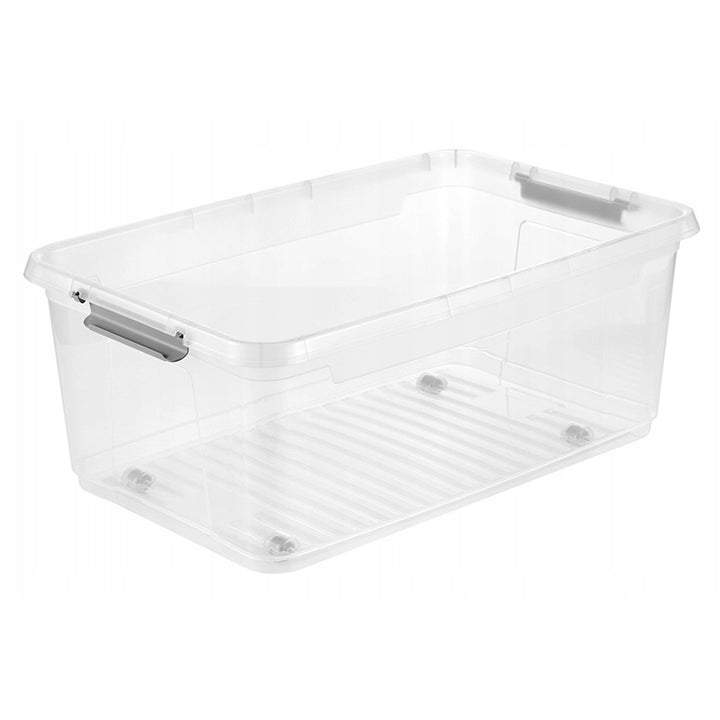 Conteneur avec couvercle Leo Keeeper, capacité 37 L, transparent, muni de roulettes, couvercle à fermeture par clips, lot de 3