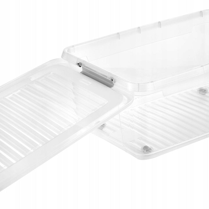 Conteneur avec couvercle Leo Keeeper, capacité 37 L, transparent, muni de roulettes, couvercle à fermeture par clips, lot de 3
