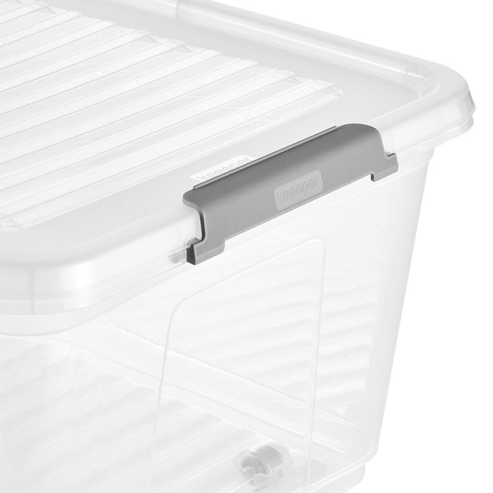 Conteneur avec couvercle Leo Keeeper, capacité 37 L, transparent, muni de roulettes, couvercle à fermeture par clips, lot de 3