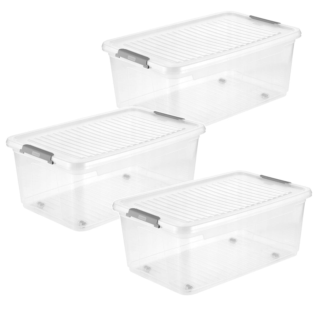 Conteneur avec couvercle Leo Keeeper, capacité 37 L, transparent, muni de roulettes, couvercle à fermeture par clips, lot de 3