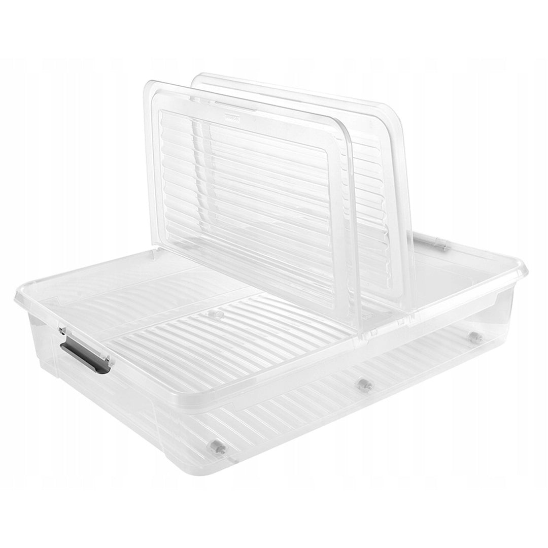Conteneur avec couvercle Leo Keeeper, capacité 53 L, incolore, muni de roulettes, couvercle à fermeture par clips, lot de 2