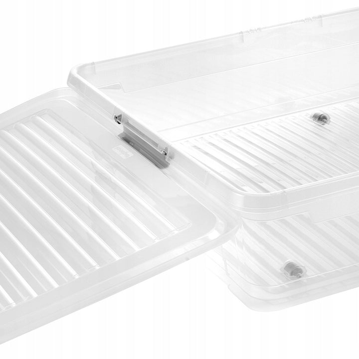 Conteneur avec couvercle Leo Keeeper, capacité 53 L, incolore, muni de roulettes, couvercle à fermeture par clips, lot de 2