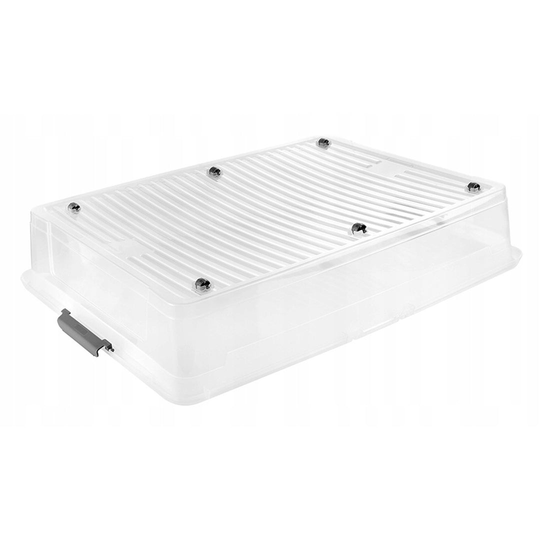 Conteneur avec couvercle Leo Keeeper, capacité 53 L, incolore, muni de roulettes, couvercle à fermeture par clips, lot de 3 pièces