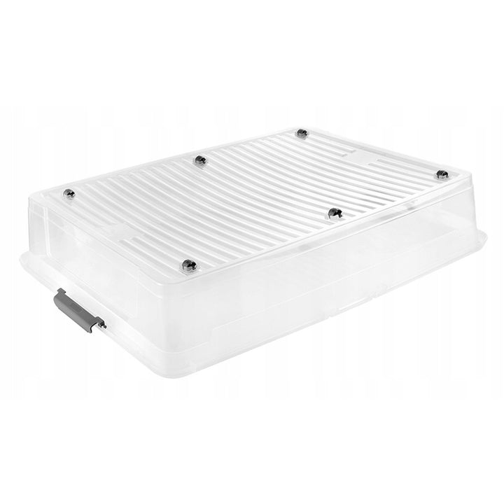 Conteneur avec couvercle Leo Keeeper, capacité 53 L, incolore, muni de roulettes, couvercle à fermeture par clips, lot de 3 pièces