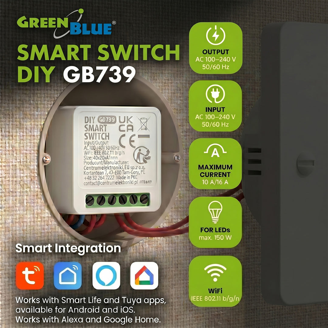 Relais Wi-Fi encastrable GreenBlue, compatible Android/iOS/Alexa/Google Home, 100-240 V CA, 50/60 Hz, 16 A max., pour LED 150 W, GB739, lot de 3
