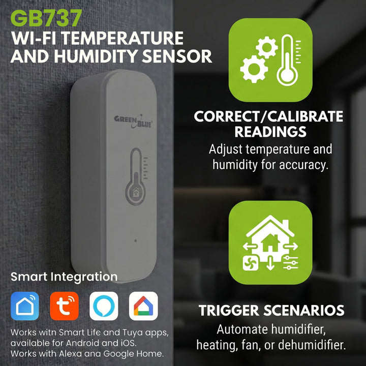 Capteur de température et d'humidité Wi-Fi GreenBlue, compatible Android/iOS/Alexa/Google Home, 3,0 V CC, LR03x2, GB737 + 2 piles alcalines R-03 LR03 AAA Varta Industrial 4003