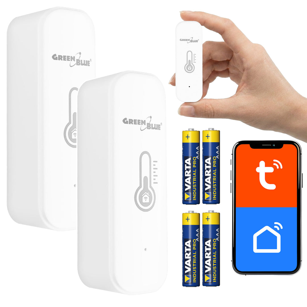 Capteur de température et d'humidité Wi-Fi GreenBlue, compatible Android/iOS/Alexa/Google Home, 3,0 V CC, LR03 x 2, GB737 (2 pièces) + 4 piles alcalines AAA Varta Industrial 4003