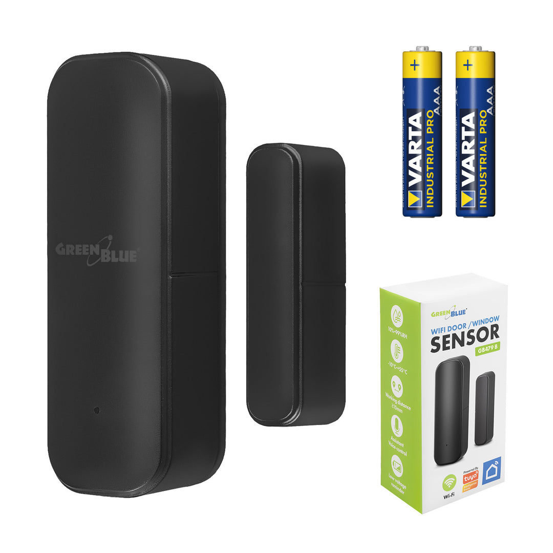 GB479 B Contacteur sans fil / capteur d'ouverture Wi-Fi GreenBlue, Android/iOS, pour portes / fenêtres, 3,0 V CC, LR03x2, GB479 B + 2 piles R-03 LR03 AAA alcalines Varta Industrial 4003