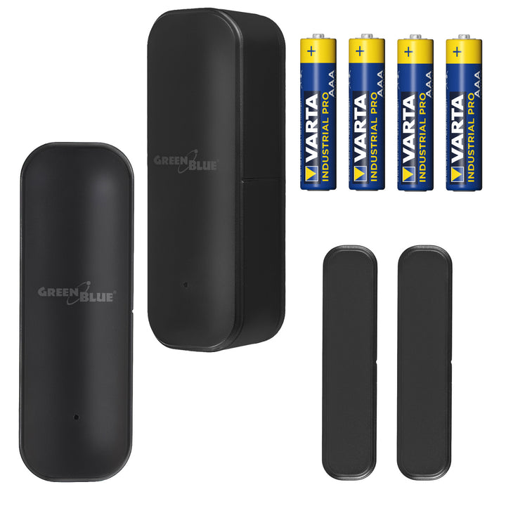 Contacteur sans fil / capteur d'ouverture Wi-Fi GreenBlue, Android/iOS, pour portes / fenêtres, 3,0 V CC, LR03x2, GB479 B, 2 pièces + 4 piles alcalines AAA Varta Industrial 4003