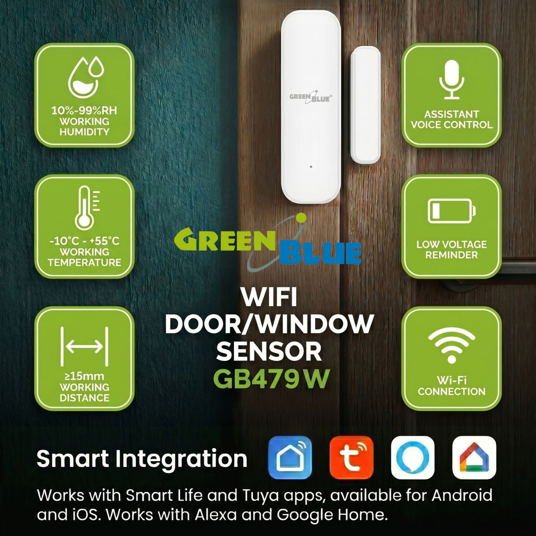 Contacteur sans fil / capteur d'ouverture Wi-Fi GreenBlue, Android/iOS, pour portes / fenêtres, 3,0 V CC, LR03x2, GB479 W + 2 piles R-03 LR03 AAA alcalines Varta Industrial 4003