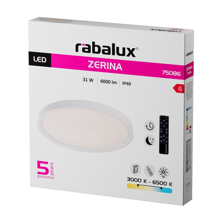 Plafonnier Rabalux Zerina, 31 W, IP40, blanc, 3 000-6 500 K, fonction mémoire, avec télécommande, fonction minuterie, effet veilleuse, 75086