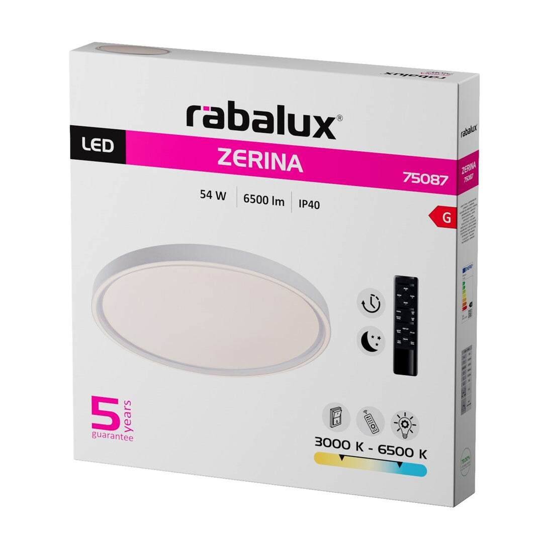 Plafonnier Rabalux Zerina, 54 W, IP40, blanc, 3 000-6 500 K, fonction mémoire, avec télécommande, fonction minuterie, effet veilleuse, 75087