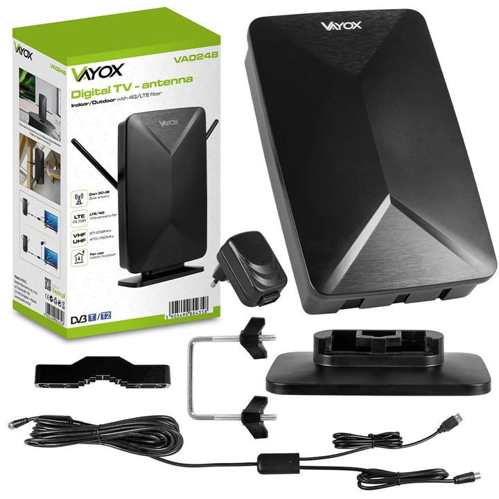 Antenne active, d'intérieur, d'extérieur, DVB-T2, télévision terrestre 4K, Vayox