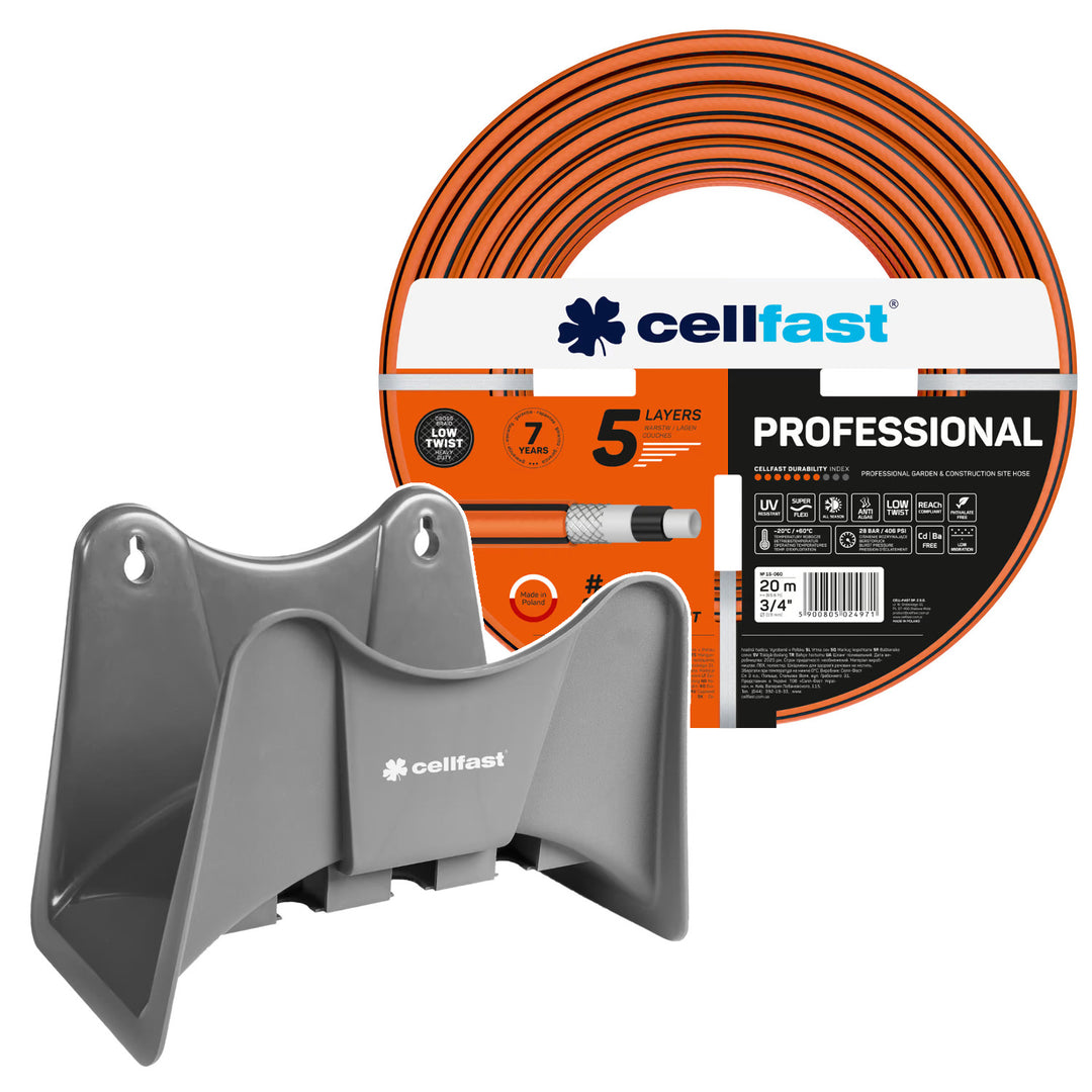 Tuyau d'arrosage Cellfast, PROFESSIONAL 3/4" 20 m + support pour tuyau Cellfast gris