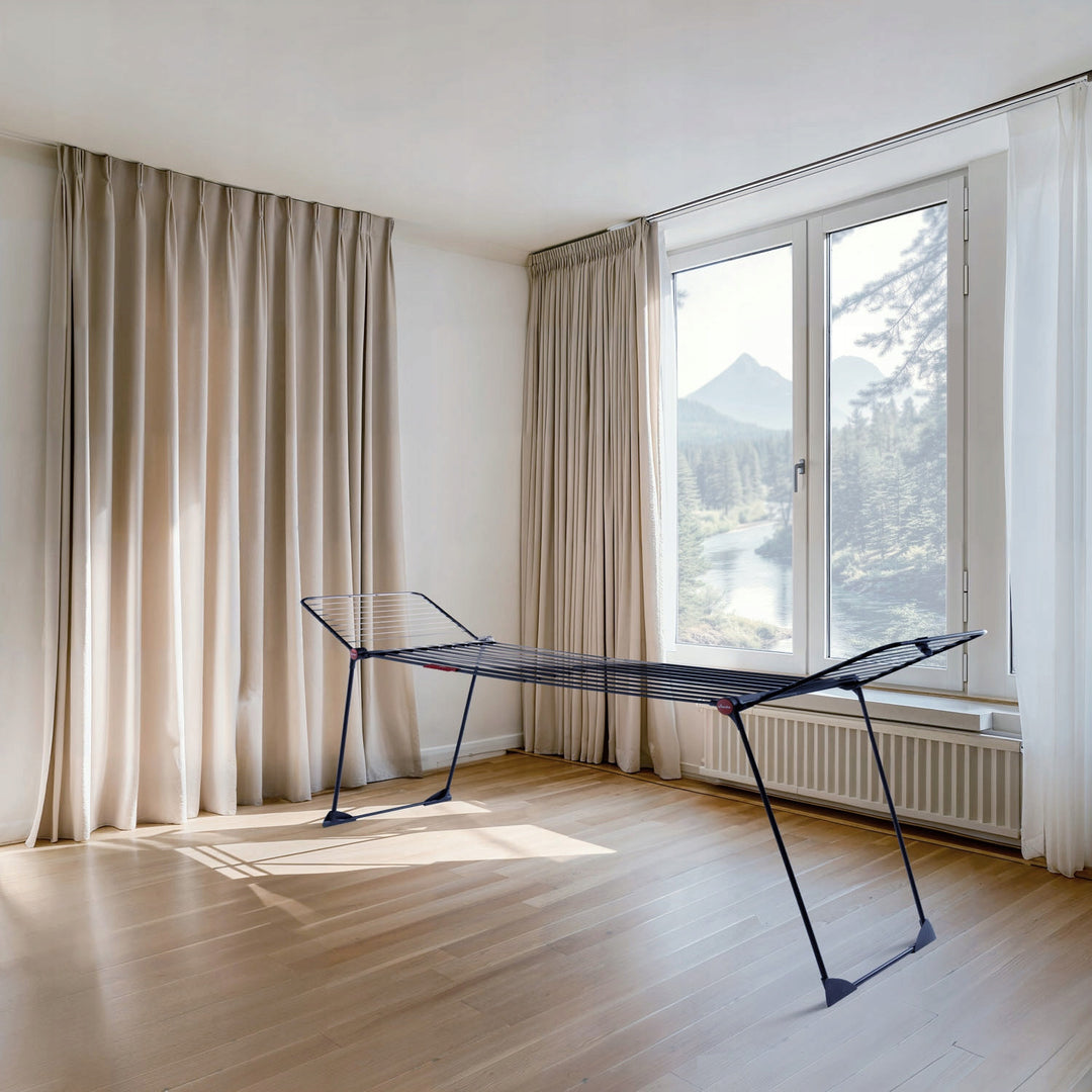 Séchoir à linge Vileda Infinity Flex Ultimate, couleur noire, jusqu'à 30 m² de surface de séchage, extensible, structure surélevée, crochets à linge, roulettes intégrées, 179620