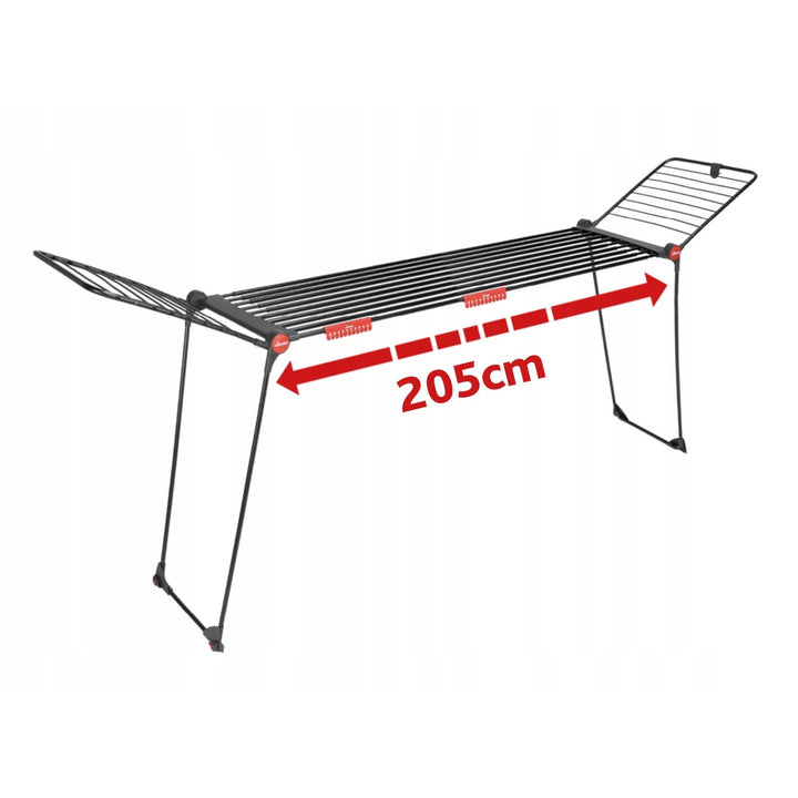 Séchoir à linge Vileda Infinity Flex Ultimate, couleur noire, jusqu'à 30 m² de surface de séchage, extensible, structure surélevée, crochets à linge, roulettes intégrées, 179620