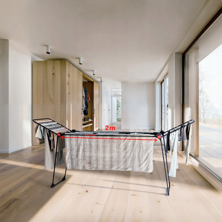 Séchoir à linge Vileda Infinity Flex Ultimate, couleur noire, jusqu'à 30 m² de surface de séchage, extensible, structure surélevée, crochets à linge, roulettes intégrées, 179620