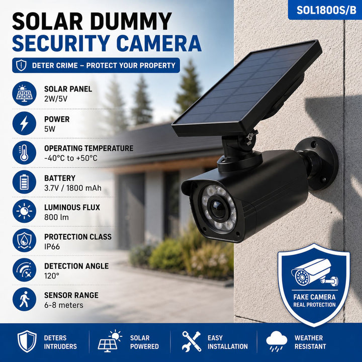 Fausse caméra solaire, LED clignotante, détecteur de mouvement, éclairage LED, autocollants inclus, SOL1800S/B, lot de 2