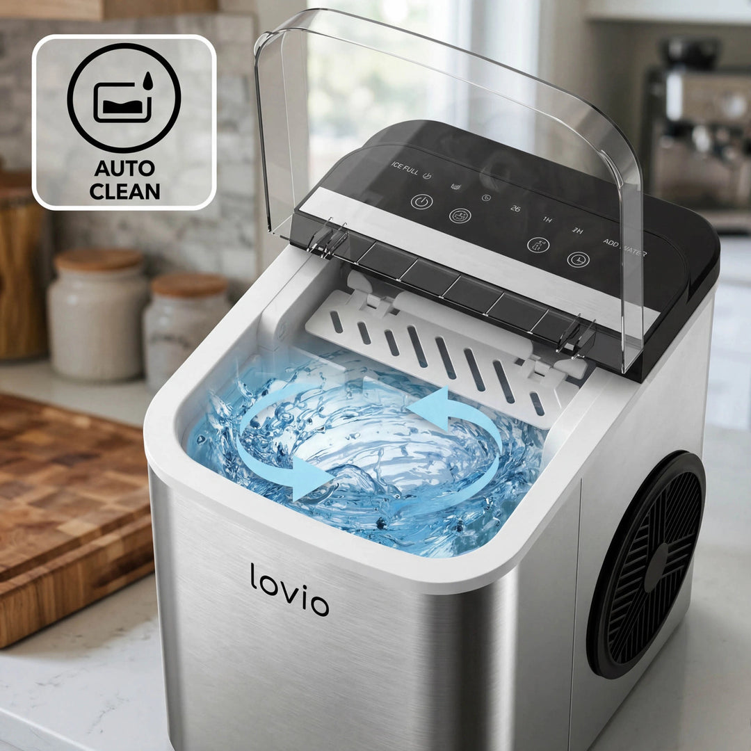 Machine à glaçons domestique Lovio Crystal Ice Plus, en acier, couleur argent, glaçons express