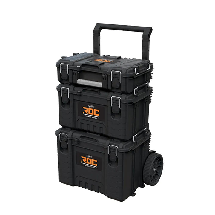 Lot de 3 coffres à outils Keter ROC Pro Gear 2.0, capacité totale de 110 L, indice de protection IP65, poignée télescopique amovible, possibilité de verrouillage par cadenas, 256982