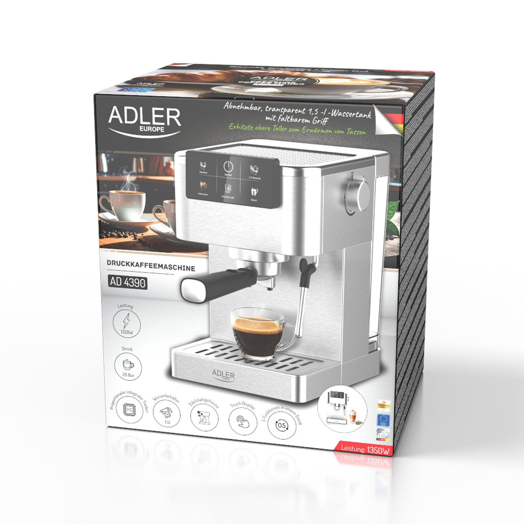 Machine à café 20 bars, Thermoblock, mousseur à lait, 5-en-1, Adler AD 4390
