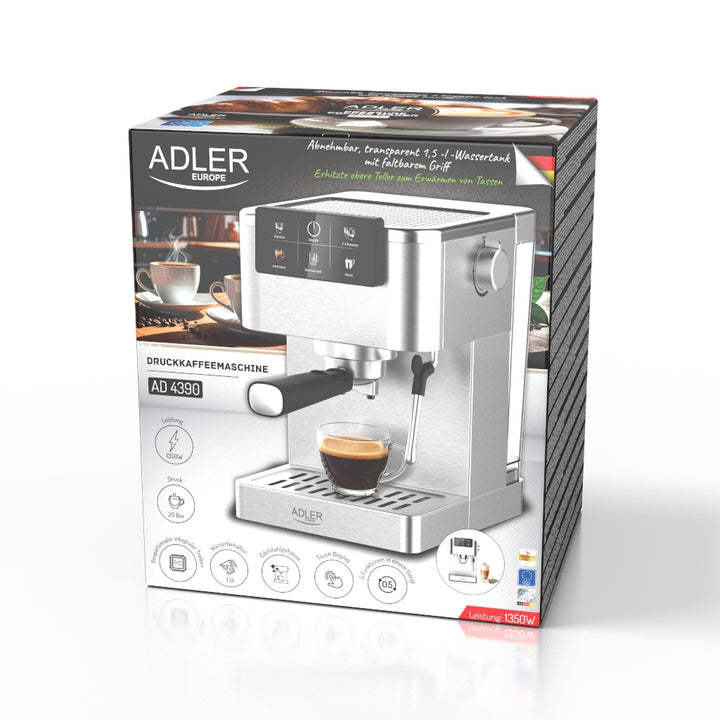 Machine à café 20 bars, Thermoblock, mousseur à lait, 5-en-1, Adler AD 4390