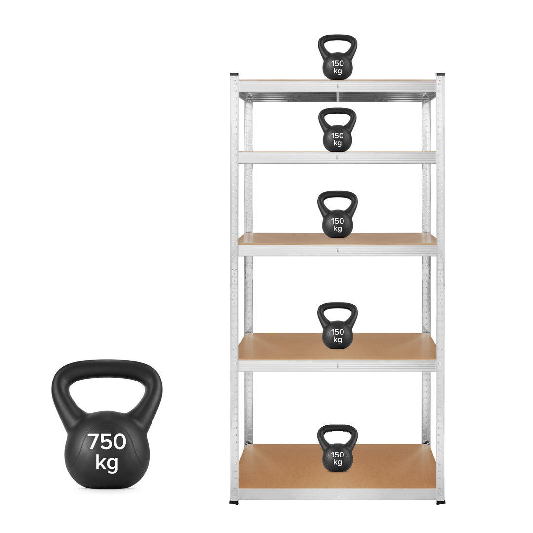 Rayonnage métallique de stockage, 5 tablettes, charge maximale de 750 kg, 180 x 90 x 40, couleur argentée, modèle Rebel