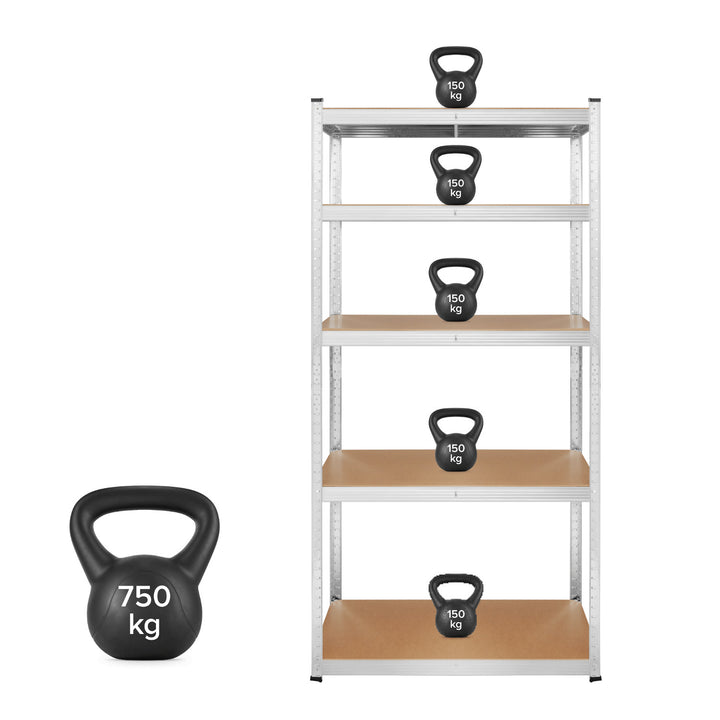 Rayonnage métallique de stockage, 5 tablettes, charge maximale de 750 kg, 180 x 90 x 40, couleur argentée, modèle Rebel