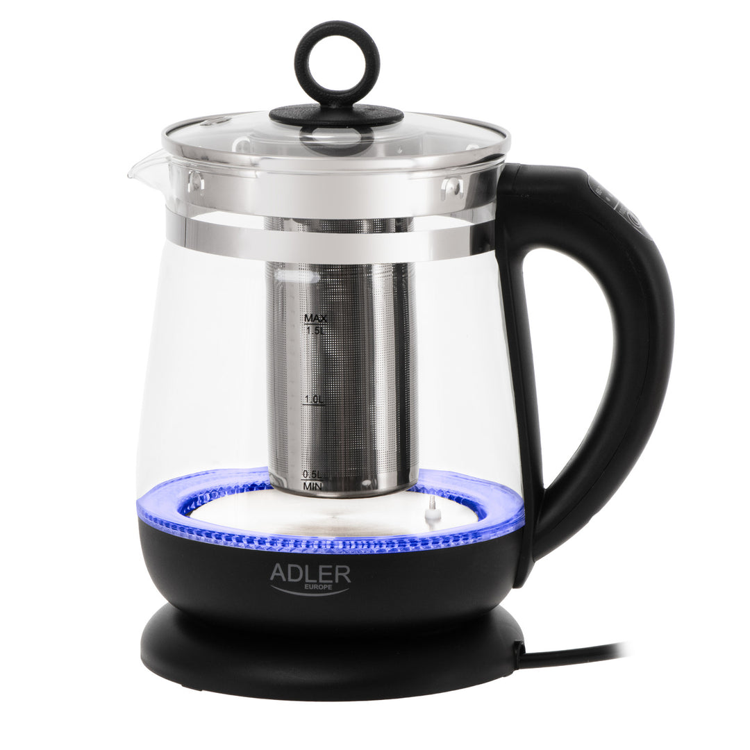 Bouilloire en verre de 1,5 L avec infuseur et régulation de température, 2 200 W, LED, 60–100 °C, Adler AD 1299, noire
