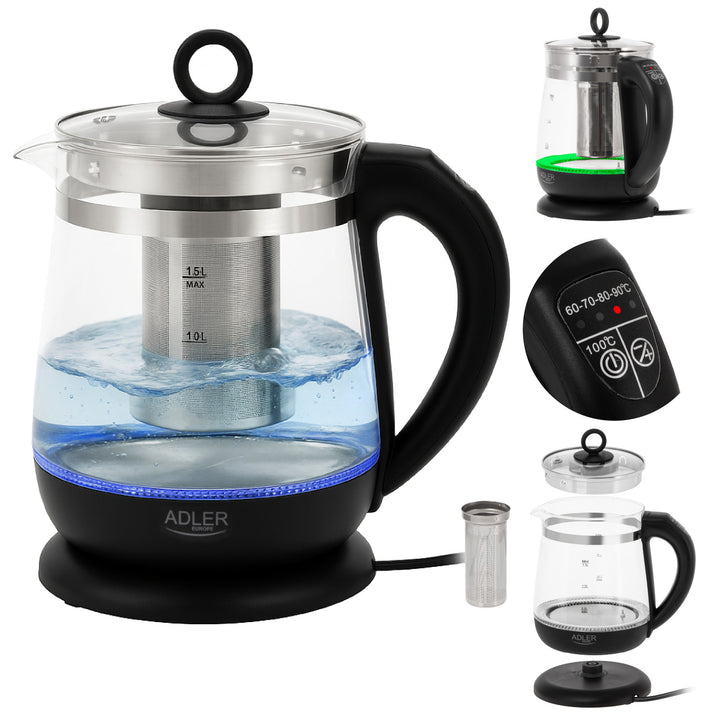 Bouilloire en verre de 1,5 L avec infuseur et régulation de température, 2 200 W, LED, 60–100 °C, Adler AD 1299, noire