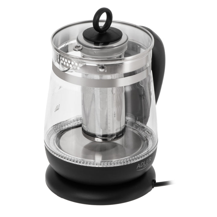 Bouilloire en verre de 1,5 L avec infuseur et régulation de température, 2 200 W, LED, 60–100 °C, Adler AD 1299, noire