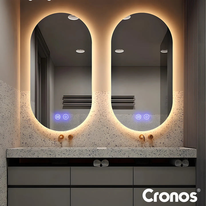 Miroir chauffant Cronos, ovale 50 x 80 cm, éclairage LED à trois couleurs, indice de protection IP44, système anti-buée