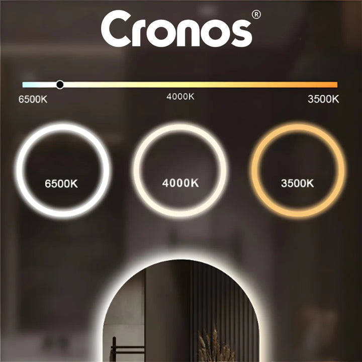 Miroir chauffant Cronos, ovale 50 x 80 cm, éclairage LED à trois couleurs, indice de protection IP44, système anti-buée