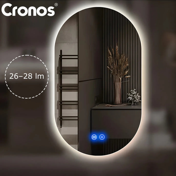 Miroir chauffant Cronos, ovale 50 x 80 cm, éclairage LED à trois couleurs, indice de protection IP44, système anti-buée
