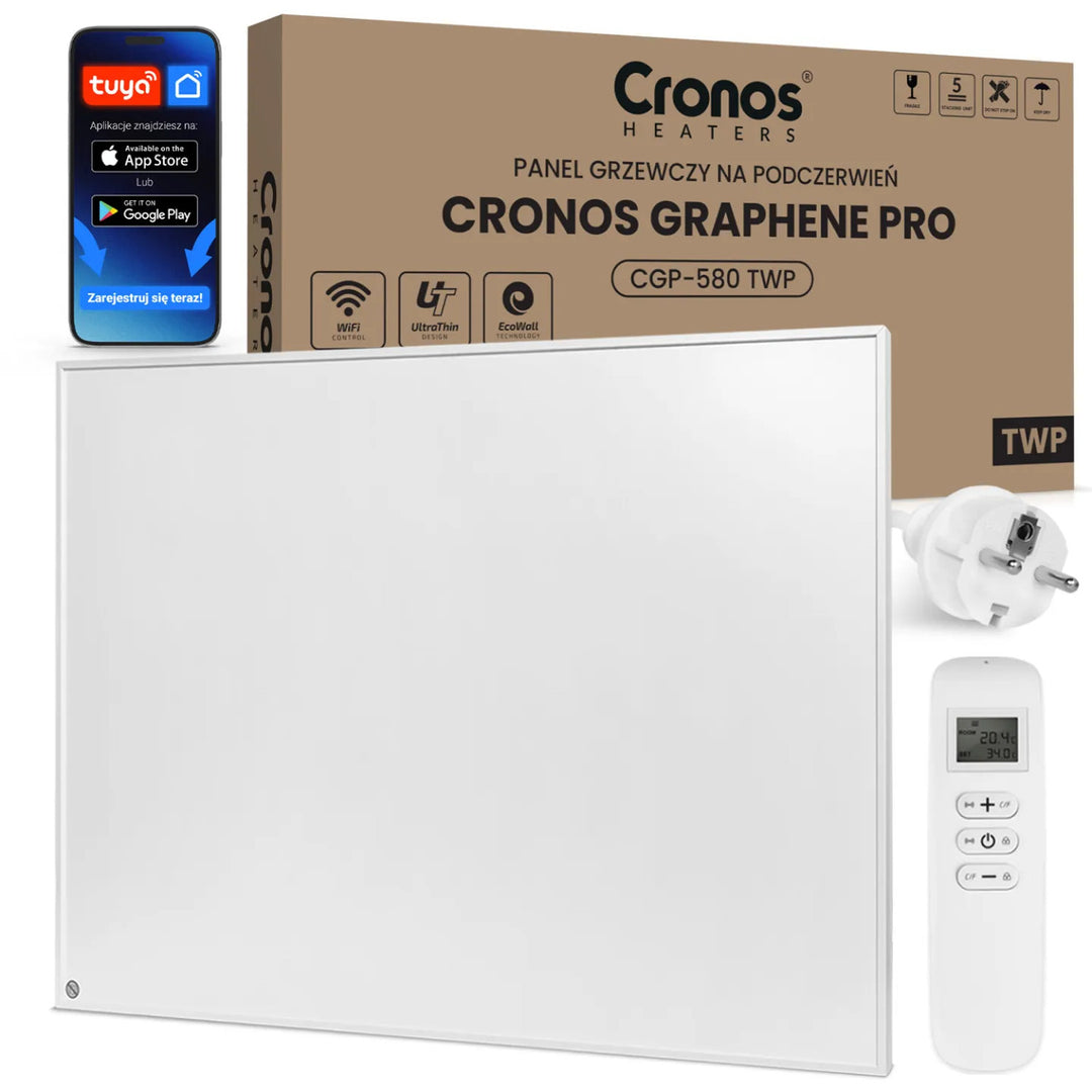 Panneau chauffant infrarouge Cronos Graphene, puissance 580 W, couleur blanche, chauffe une pièce jusqu'à 16 m², télécommande, PRO CGP-580TWP