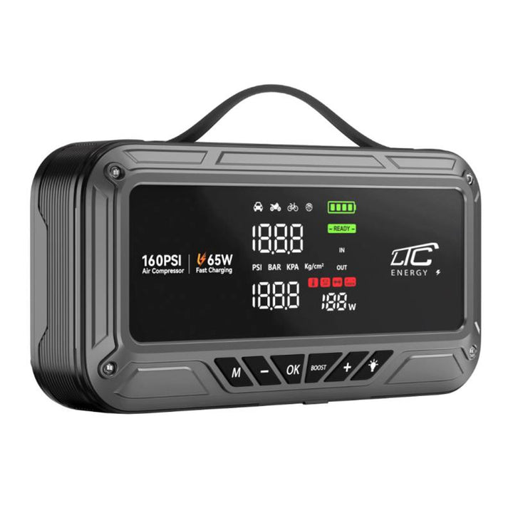 Démarreur d'urgence LTC, 12 000 mAh, avec compresseur, lampe de poche et batterie externe, écran LCD, puissance de 65 W, câbles et housse inclus, LXJS120