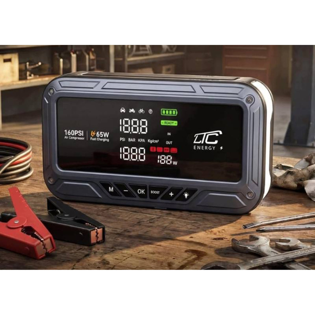 Démarreur d'urgence LTC, 12 000 mAh, avec compresseur, lampe de poche et batterie externe, écran LCD, puissance de 65 W, câbles et housse inclus, LXJS120
