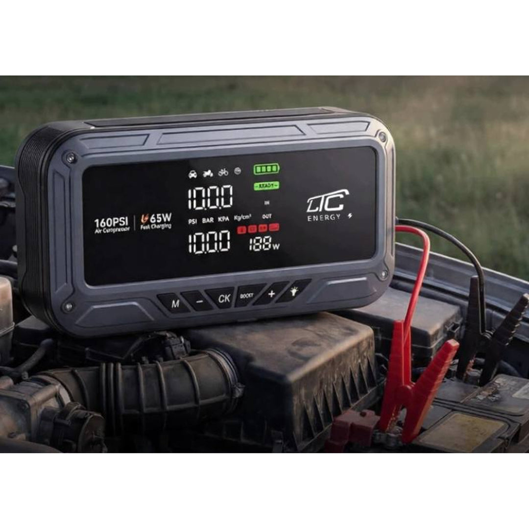 Démarreur d'urgence LTC, 12 000 mAh, avec compresseur, lampe de poche et batterie externe, écran LCD, puissance de 65 W, câbles et housse inclus, LXJS120