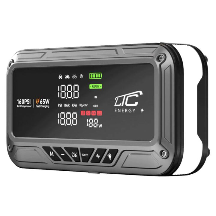 Démarreur d'urgence LTC, 12 000 mAh, avec compresseur, lampe de poche et batterie externe, écran LCD, puissance de 65 W, câbles et housse inclus, LXJS120