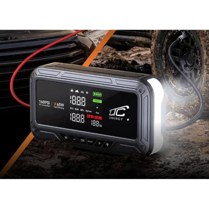Démarreur d'urgence LTC, 12 000 mAh, avec compresseur, lampe de poche et batterie externe, écran LCD, puissance de 65 W, câbles et housse inclus, LXJS120